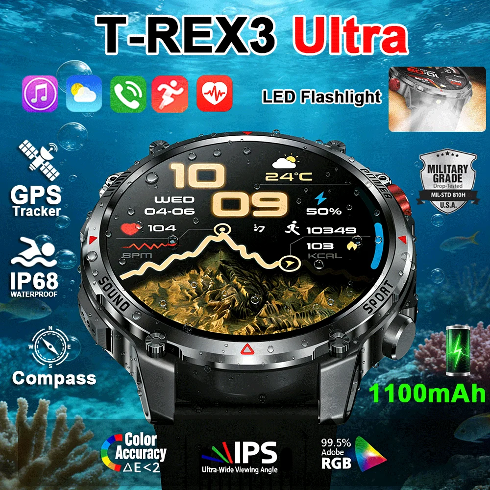

New T-Rex 3 Ultra 1100mAh Battery Smart Watch Men GPS Tracker Compass IP68 Waterproof Sports Outdoor Military Smartwatches 2026