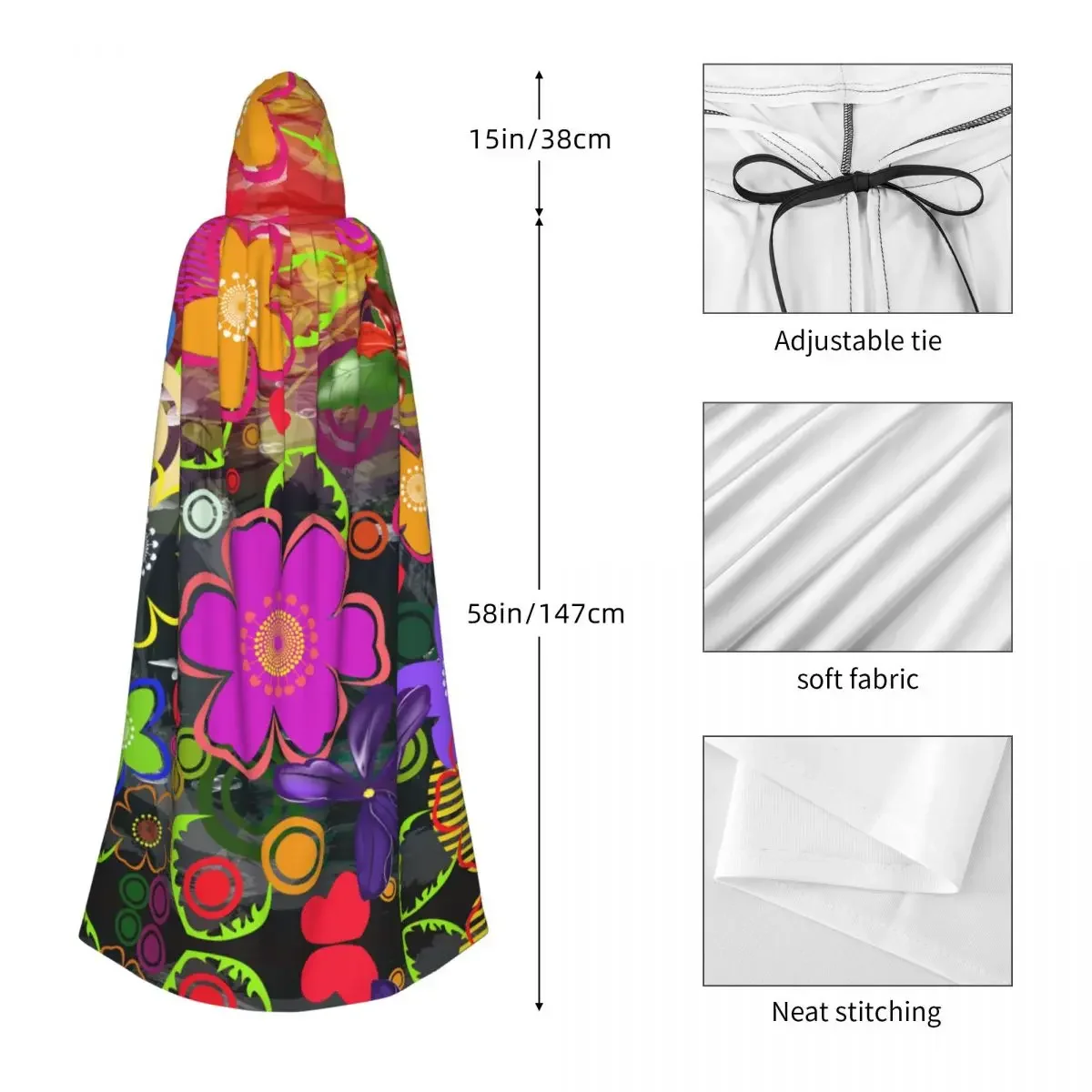 Abstract Floral Flowers Decorative Ornaments Hooded Polyester Unisex Witch Cape Costume Accessory image 5