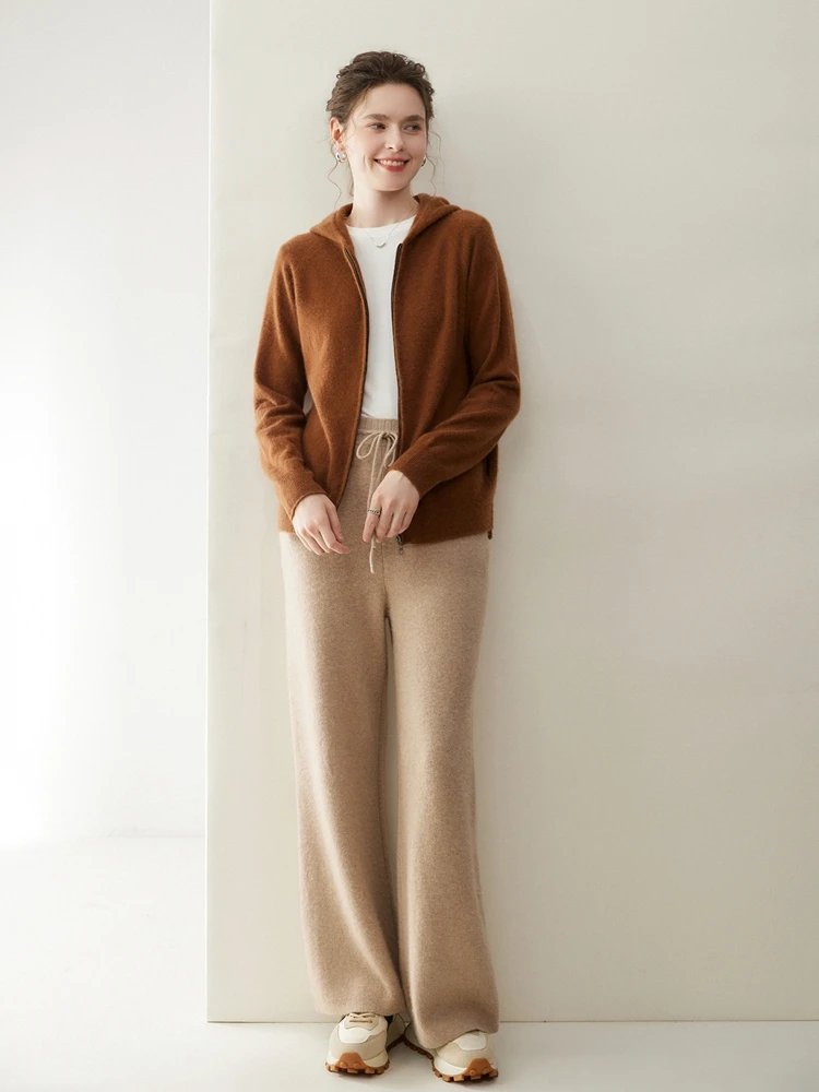 

Новый шикарный женский кардиган с капюшоном, осенне-зимний базовый свитер из 100% кашемира, мягкий теплый пуловер с капюшоном на молнии, повседневная одежда, топы