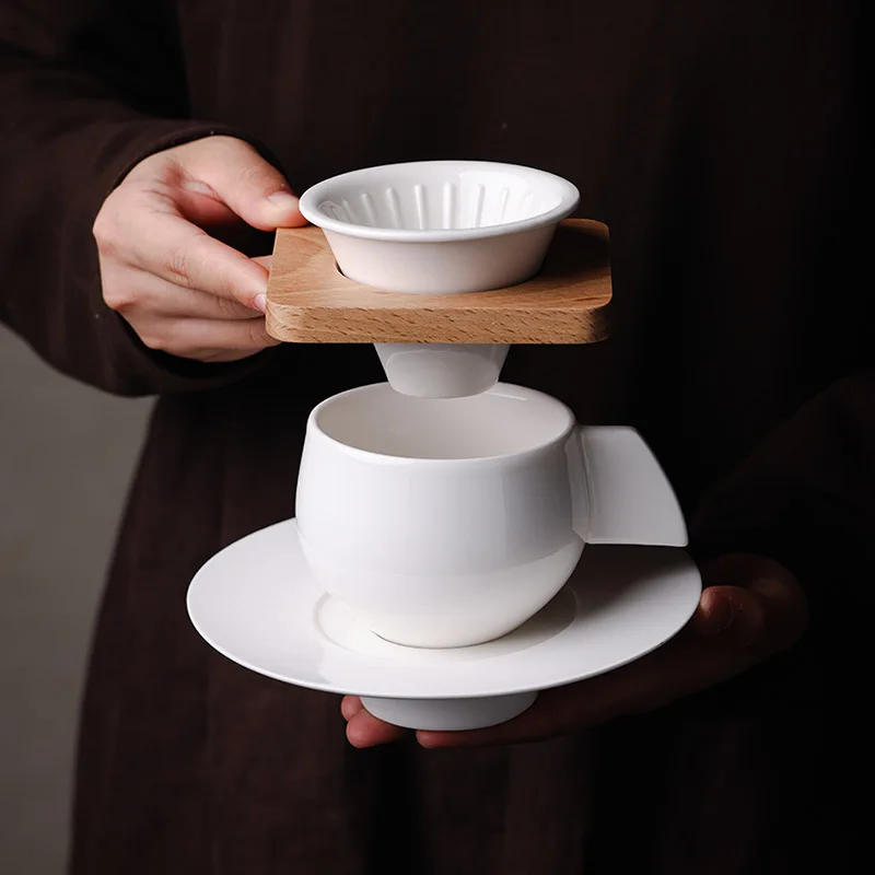 Filter-free paper ceramic hand-brewed coffee filter cup portable filter tea filter flying saucer coffee cup wooden tray