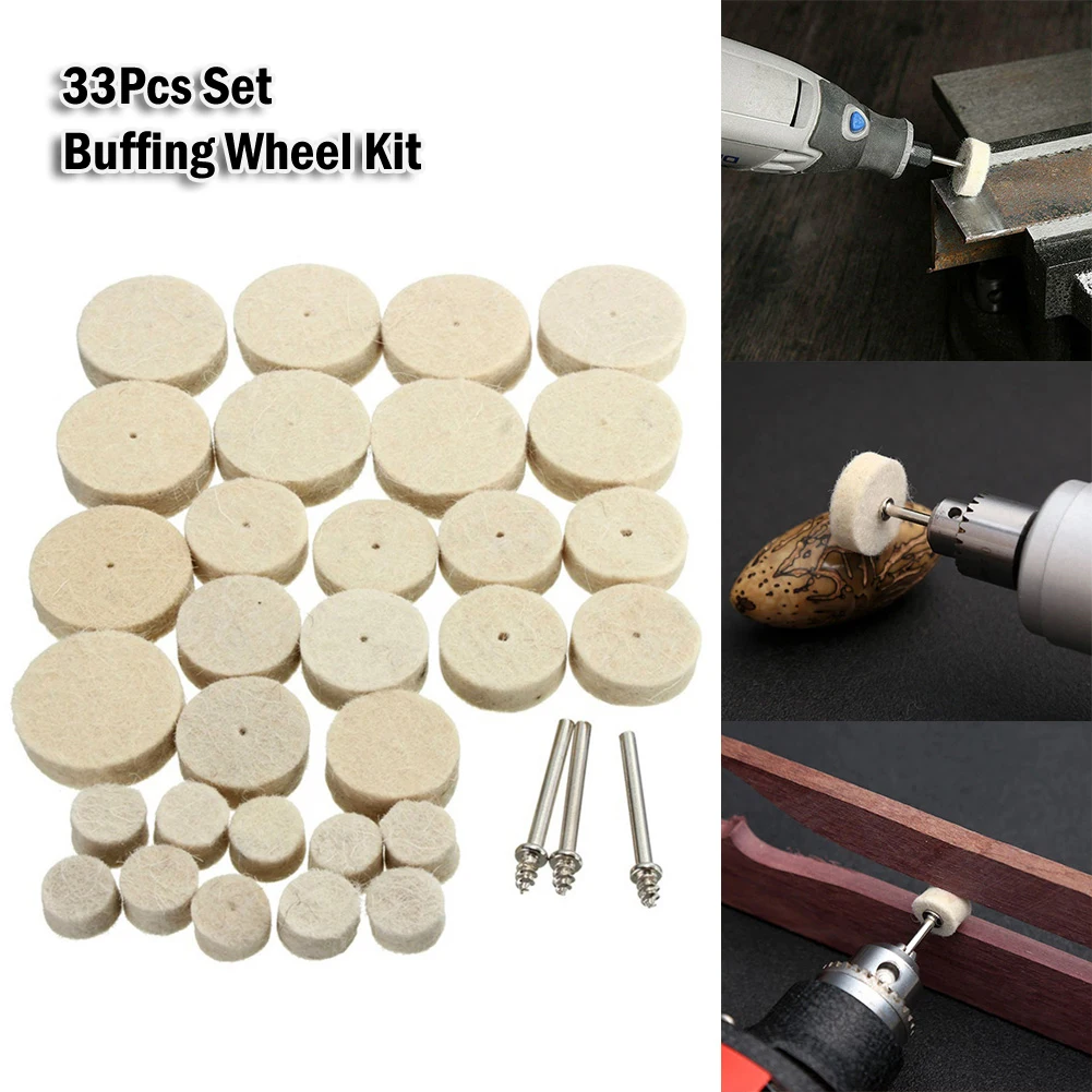 33pcs Wool Felt Polishing Wheel Cloth Buffing Disc Jewelry Mirror Sanding Pads Set 3mm Shank ForDremel Drill Rotary Tools