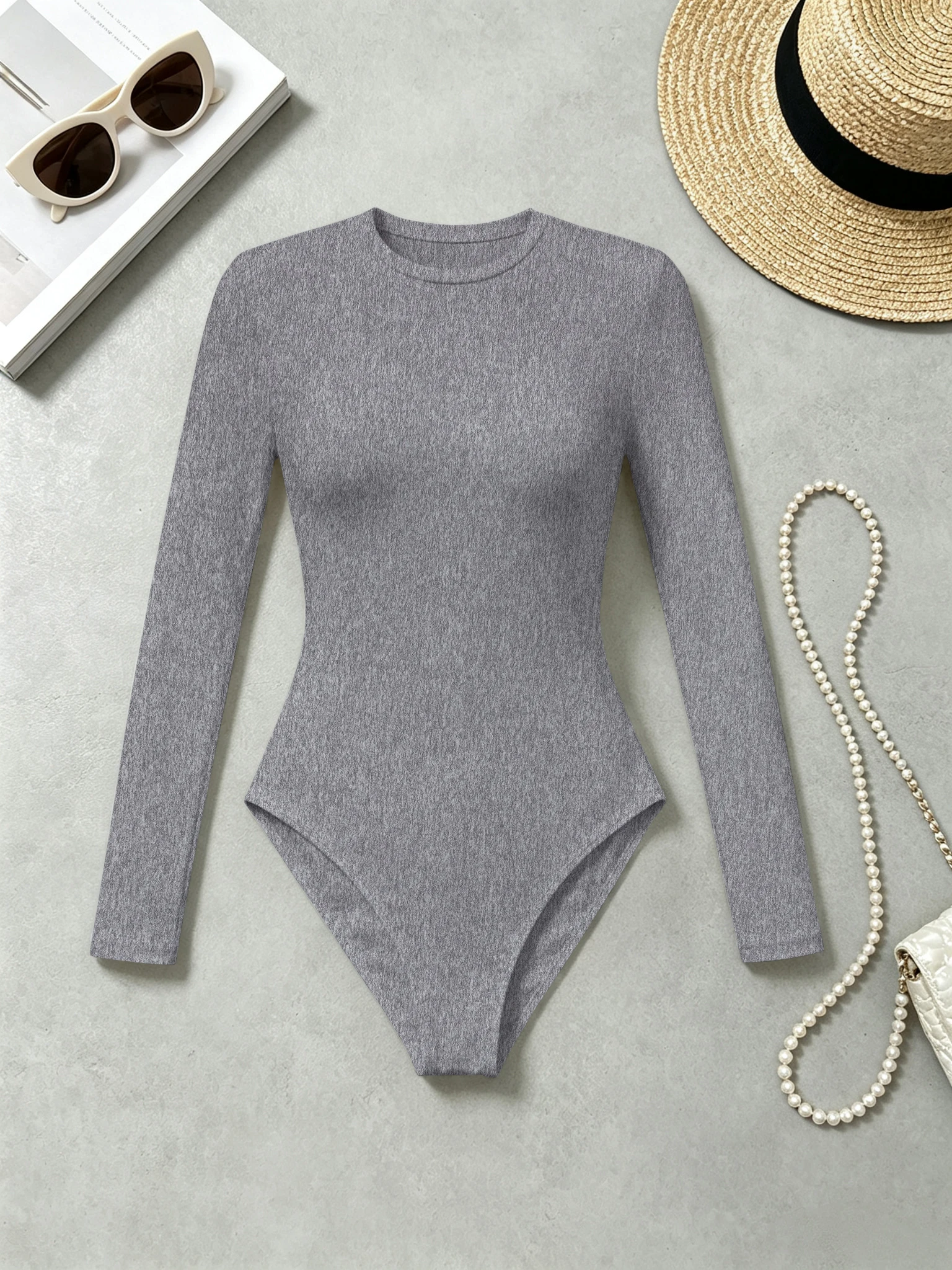 Damen-Bodysuit mit Rundhalsausschnitt und Langen Ärmeln, Schlanke Passform, Hochelastisch, Einfarbiger Casual-Jumpsuit für den Alltag – Detail 1