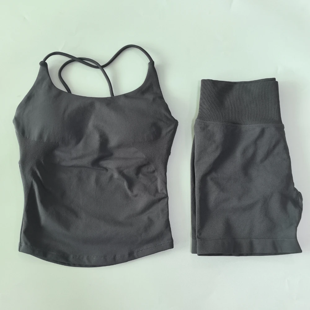 Pericic 2-teiliges Sportset für Damen, Twist-Back-Top, rückenfreier Träger-BH, Yoga-Shorts, Fitness-Set, Trainingskleidung, Outfit, Fitnessanzug – Detail 16