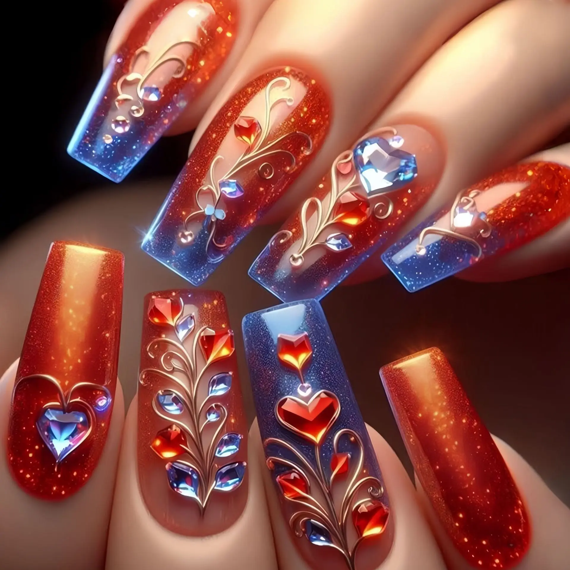Mittellange künstliche Nägel, Blumen, Schmetterling, Herz-Design, Farbverlauf, rot, rosa, prange, Ballett, quadratische französische Spitzen, zum Aufdrücken des falschen Nagelsets