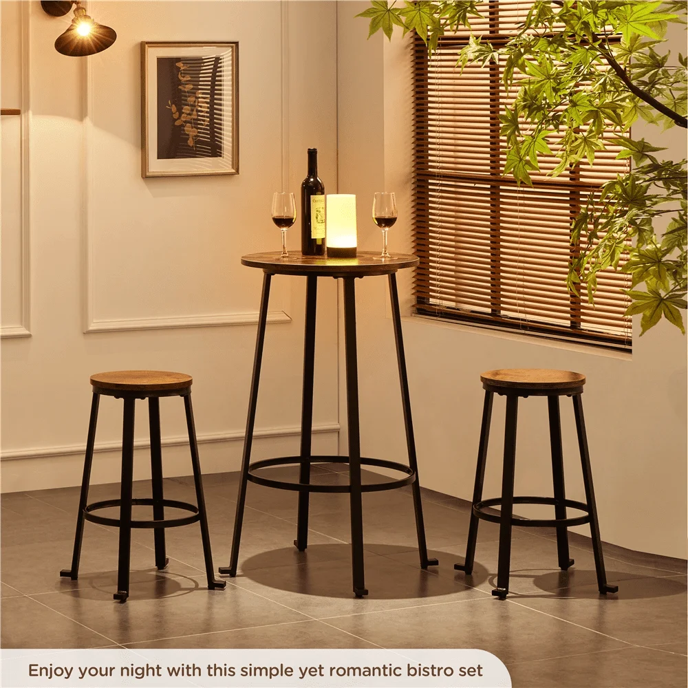 3-Piece Wooden Bistro Bar Set for Kitchen, Iron Frame Counter Height Dining Table w/ 2 Stools, Rustic Brown