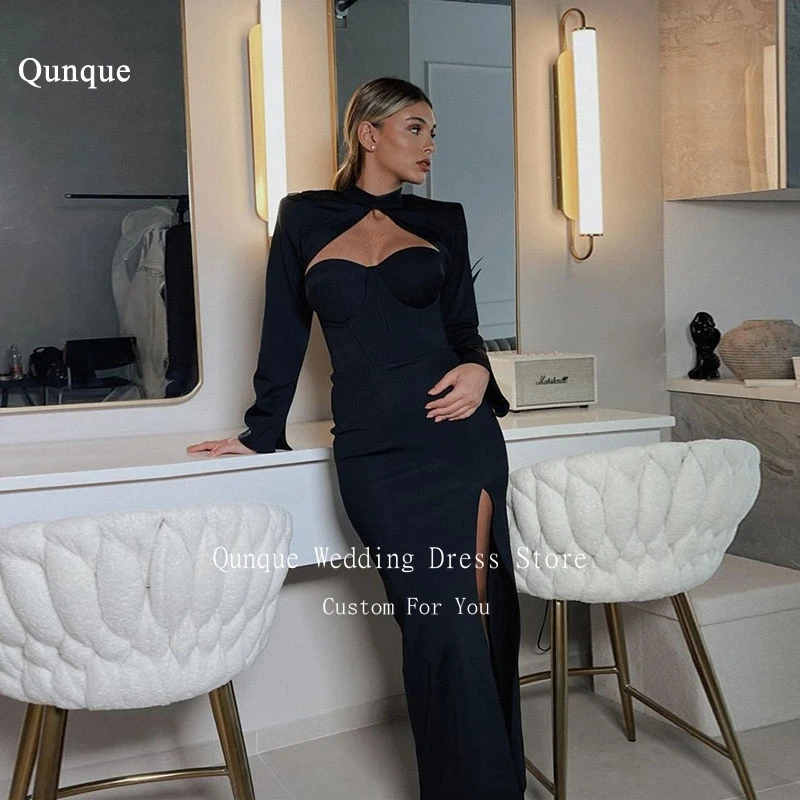 Qunque Elegant Black Arabia Prom Dresses Mermaid Long Sleeves Hollow Back Corset Split Customized Evening Dress Women Party Gown