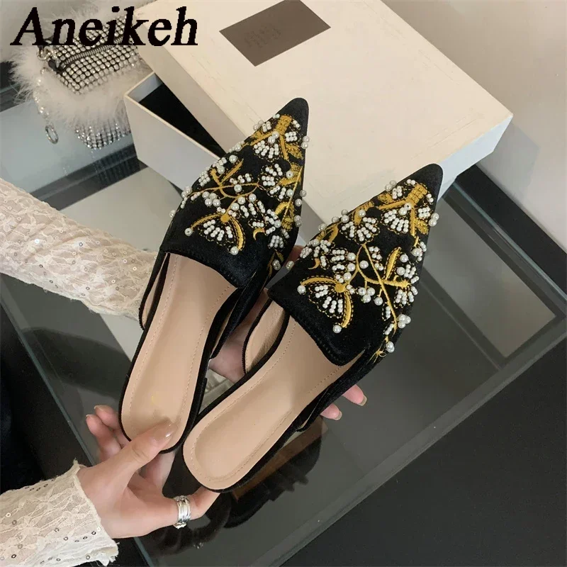 Aneikeh Summer Women Flat Slippers Pointed Bead Embroidery Roman Style Shallow Mouth Velvet Mules Shoes Slip on Female Slides