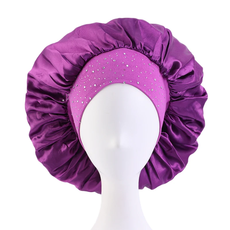 New Women Satin Night Sleep Cap Hair Bonnet Hat reathable Fabric Rhinestone Women Sleeping Hat for Travel Thick Shower Cap