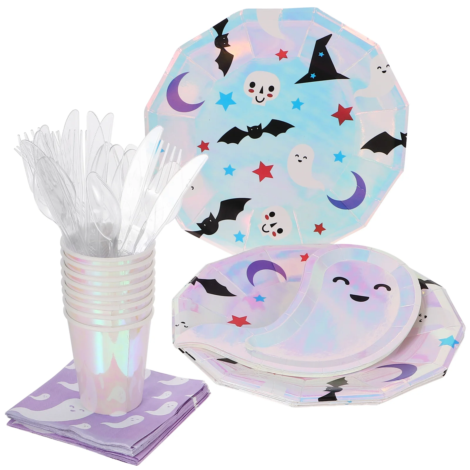 68pcs Disposable Tableware Set Octagon Plates Ghost Plates Cups Knives 8 Forks 8 Spoons 20 Napkins Halloween Party Supplies