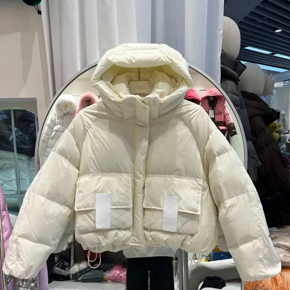 White Duck Down Coat Bread Parka New Down Jacket Women Long Sleeve Thicken Loose Stylish Cropped Hooded Winter Puffer Jacket