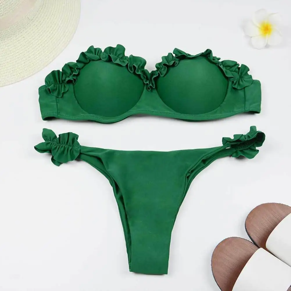 Dwuczęściowy strój kąpielowy typu Split Design stylowy wykończone frędzlami zestaw Bikini Bandeau dla kobiet Push Up strój kąpielowy z rozcięciem w