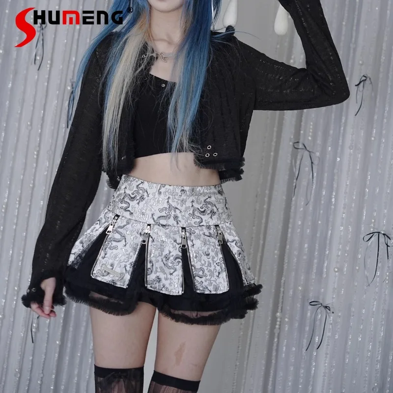 

Heavy Industry Silver Dragon Zipper Multi-layer Chain Lace Metal Splicing Mid-low Waist Skirt Japanese Cool Design Mini Skirts
