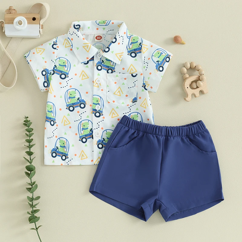 Toddler Baby Boy Summer Clothes Dinosaur Print Short Sleeve Button Down Shirt Shorts Hawaiian Style Clothing Set