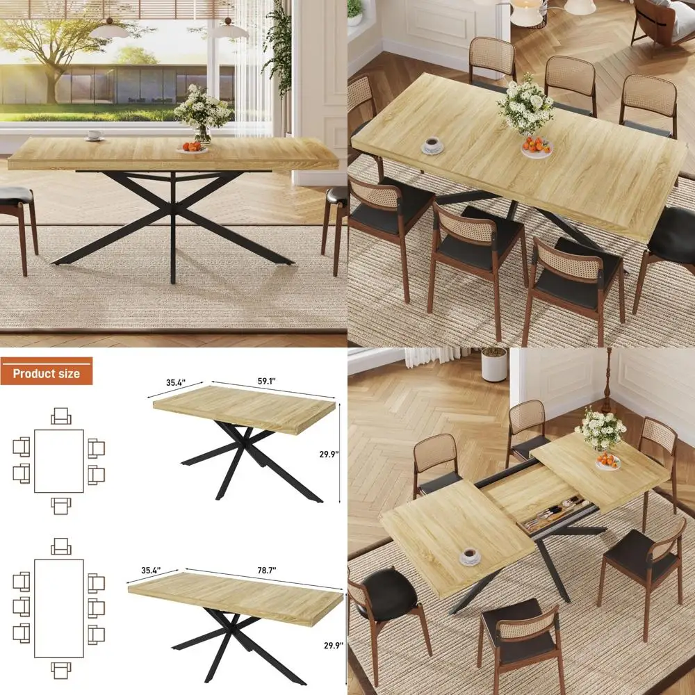 طاولة طعام خشبية مستطيلة قابلة للتمديد تتسع من 6 إلى 8 أشخاص مع أوراق قابلة للإزالة لتصميم موفر للمساحة