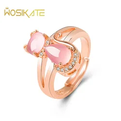 WOSIKATE Korean Pink Crystal Cat Ring For Women Fashion Jewellery 925 Sterling Silver With Rose Gold Plated Adjustable Ring