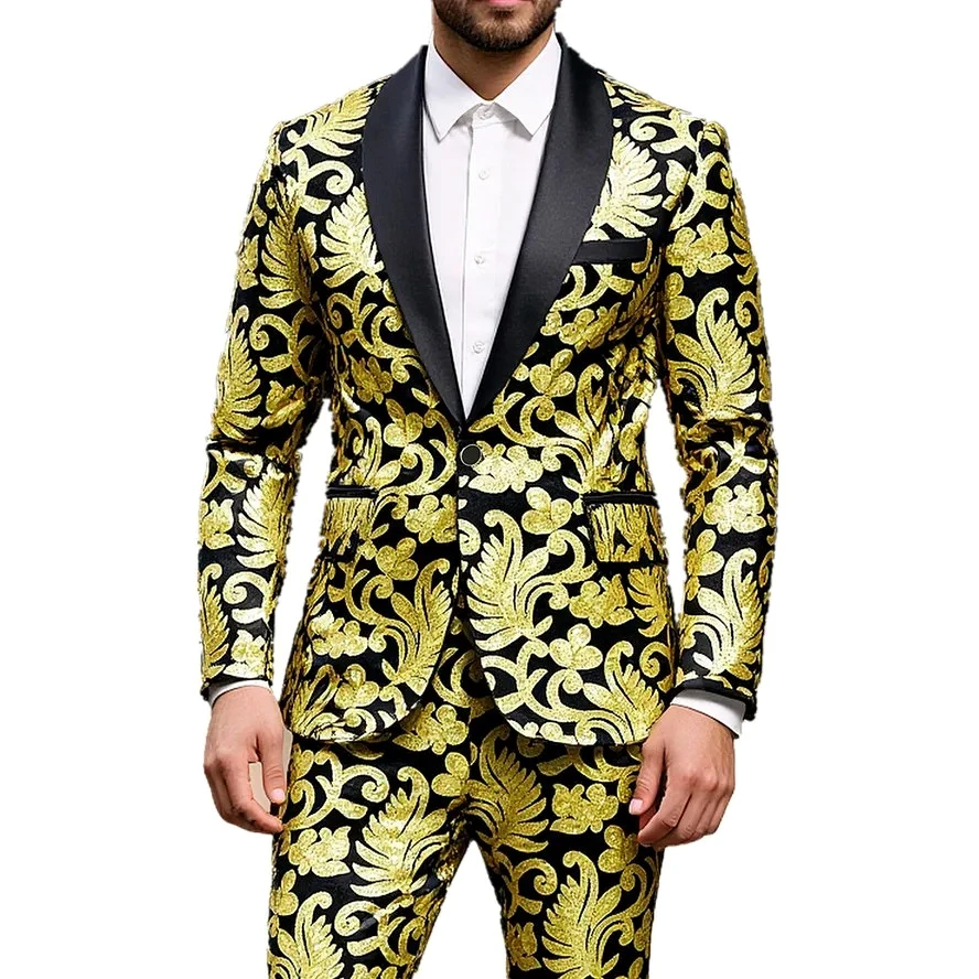 Gold Men's Two-piece Set, European sizes Sequin-embellished Jacket with Matching Trousers, Perfect for Weddings,Parties Suits.