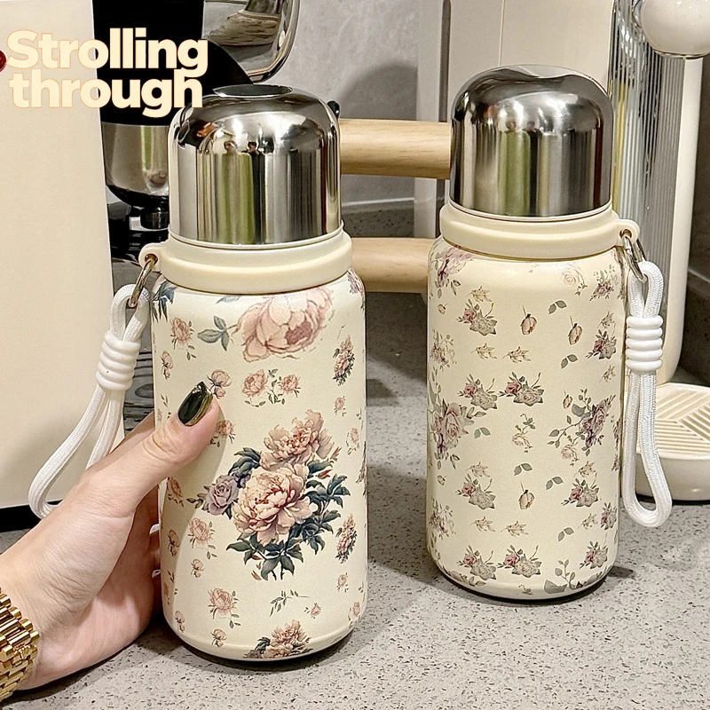 

Термос из нержавеющей стали 316, винтажная цветочная кофейная кружка с крышкой, элегантная портативная термокружка с розами для девушек, посуда для напитков