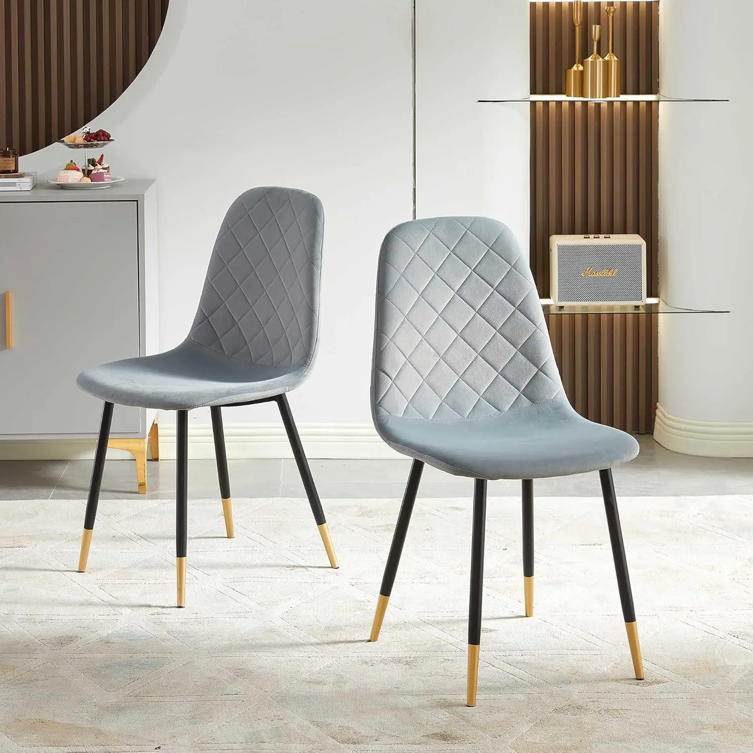 Velvet Dining Chairs Kitchen Solid Color Chair Upholstered Side Chairs Set of 2 with Metal Legs, Grey