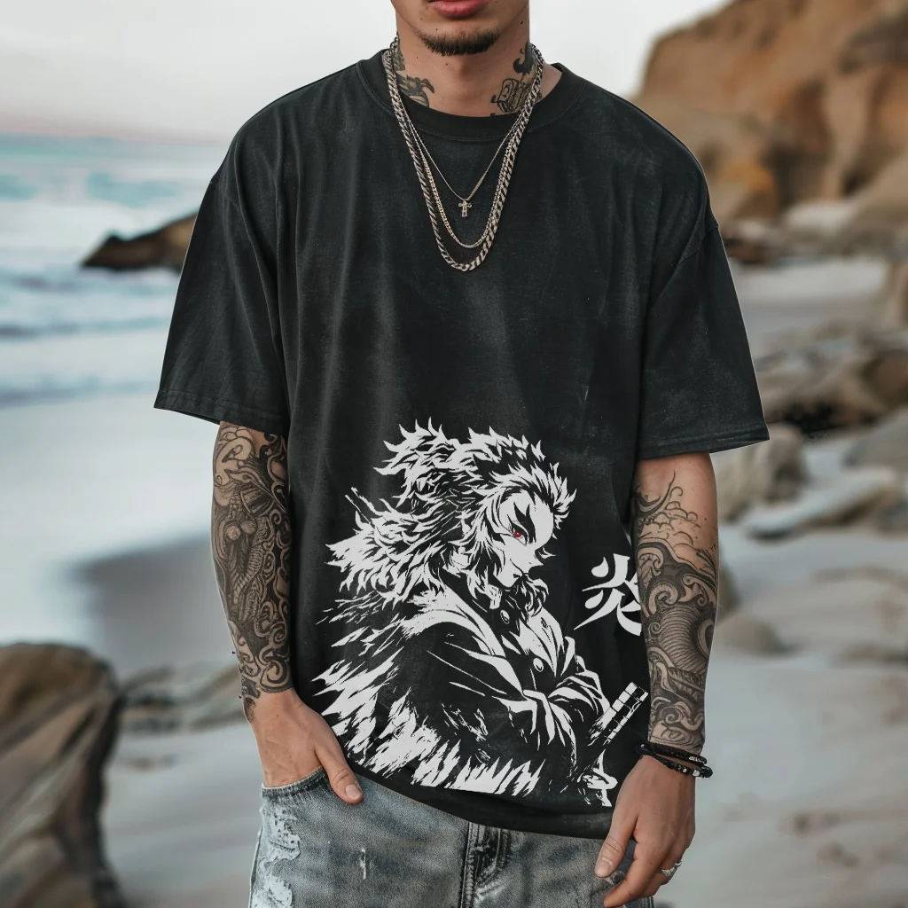 

Anime Demon Slayer Rengoku Kyoujurou Oversized Washed shirt, Hip hop Streetwear Vintage Washed Short Tshirt For Men Women Y2K