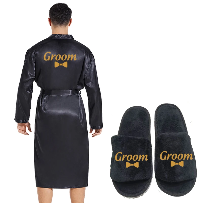 new groom satin robe men silky wedding prepare couple honeymoon king bathrobe 2pc set bridal party  kimono robes