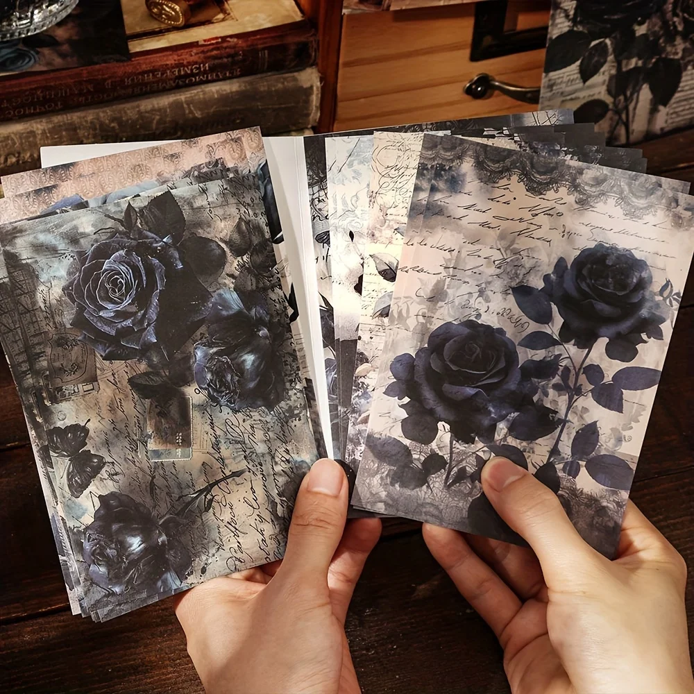20pcs Dark Rose Material Package Retro Flower Handbook DIY Background Decorative Material Paper
