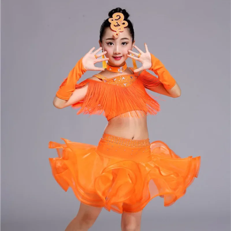 

tassel ballroom dancing dresses skirt kids fringe children professional latin dance dress for 25girls salsa cha cha samba tango