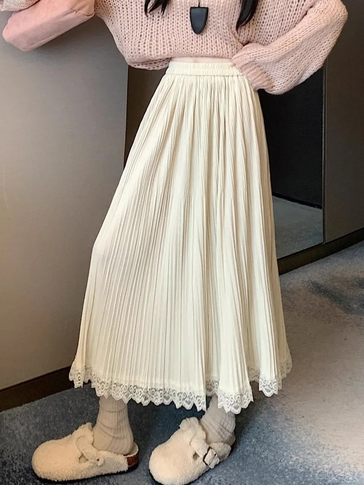 女性の秋冬レースパッチワークベルベットミディスカート女性のエレガントカジュアルハイウエストソリッドカラーAラインファルダス