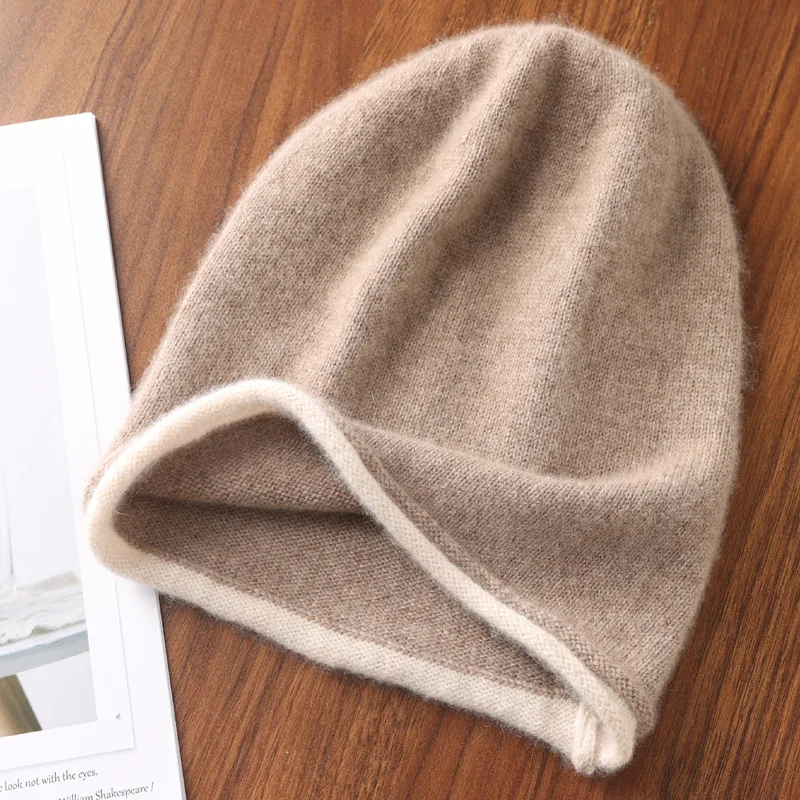 Winter Hat Regardless of Gender 100% Merino Wool Knitted 2026 New Women's Soft Warm Bean Hat Fashion Outdoor Curly-brimmed Hat