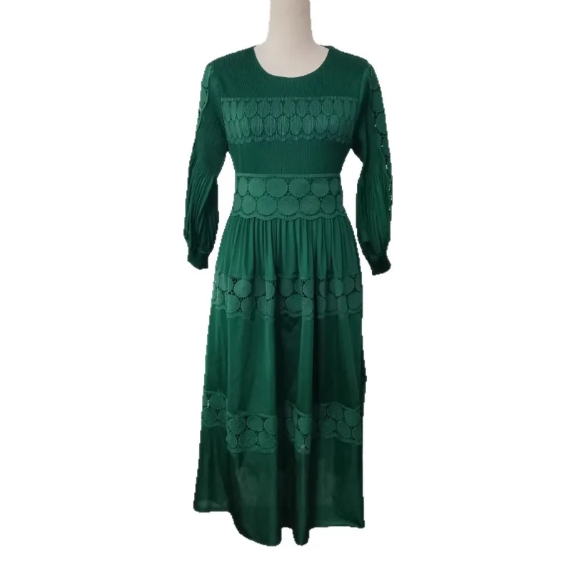 ミヤケプリーツプラスサイズドレス2025ファッションホローレースルーズ気質エレガントレディース秋新作ロングスカート婦人服