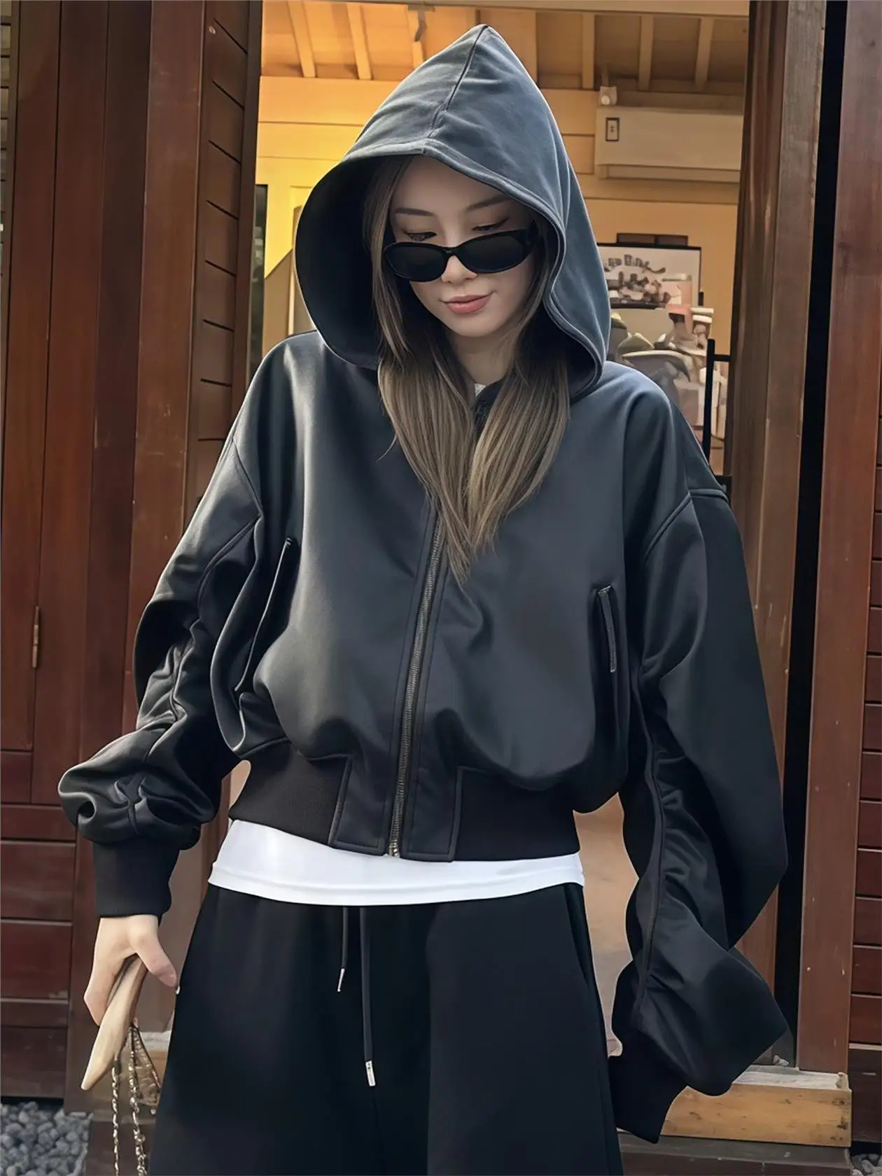 Dwustronna, luźna kurtka damska ze skóry ekologicznej, wiosenno-jesienna, nowa, w stylu koreańskim, z kapturem i zamkiem błyskawicznym.