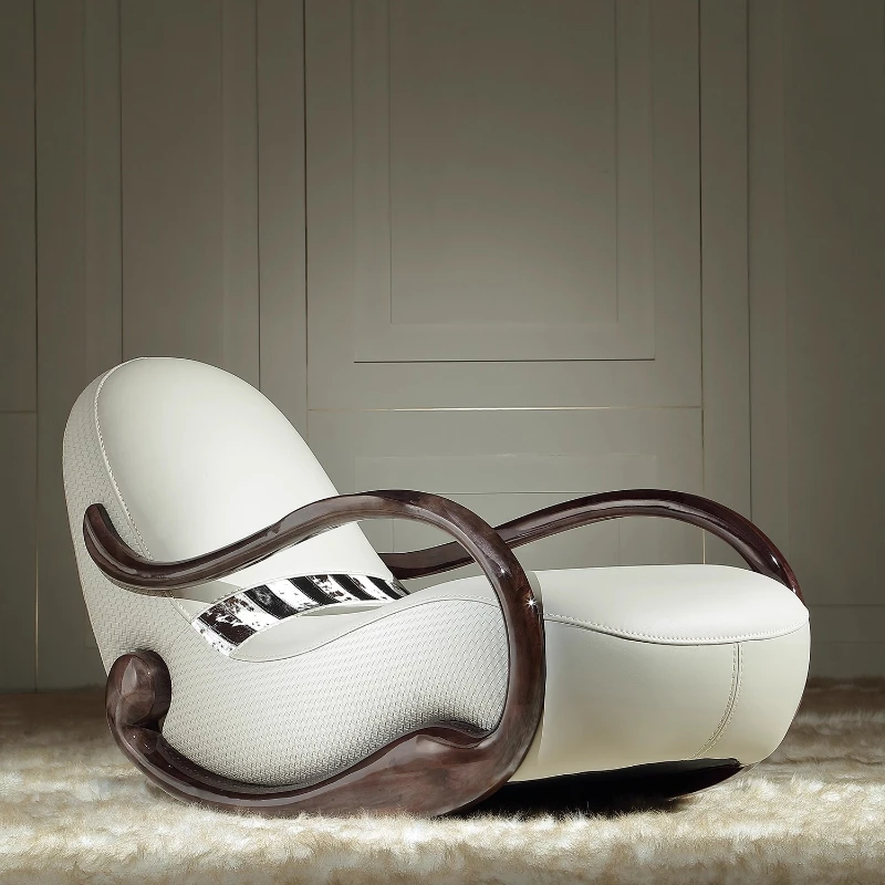 

Smoke color art recliner rocking chair solid wood leather leisure sofa chair