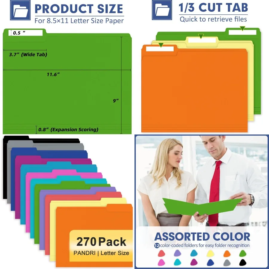 

File Folder PANDRI 270 Pack Colored File Folder 1/3 Cut Tab Letter Size Assorted 12 Colors Filing Folder for Office School Busi