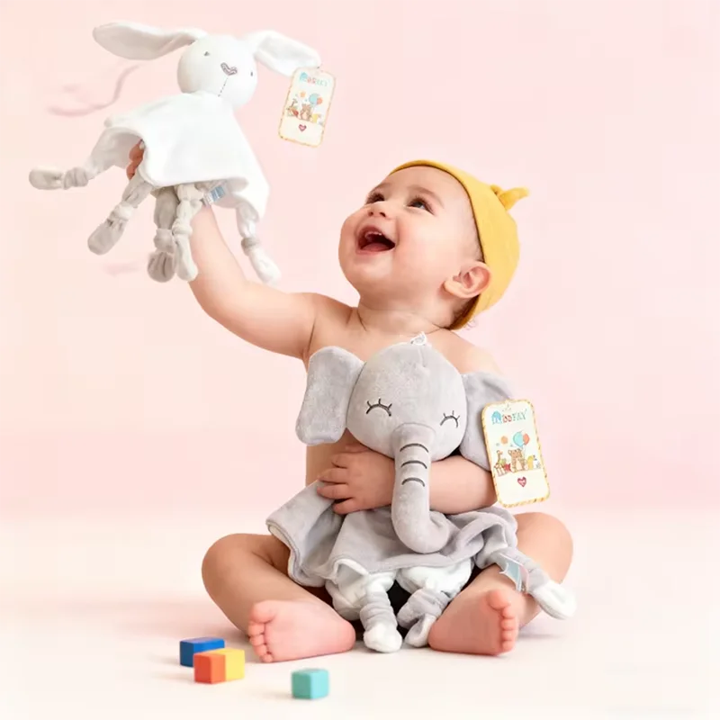 Cartoon soft bite baby animal with sound paper drool towel plush soothing towel sleeping cotton doll toy