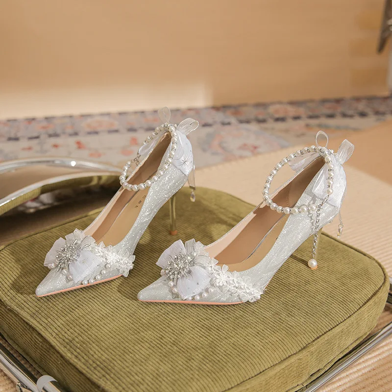 

Bloomsteps High Heels Women Thin Heel 2026 New Pointed Toe silver Crystal Wedding Shoes Pearl Single Strap Pumps
