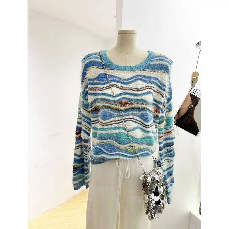 

Синий полосатый белый повседневный новый свитер с круглым вырезом, ленивый свитер контрастного цвета, топ с длинными рукавами