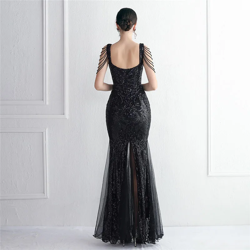 Vestido de noche con cuentas de proceso de malla, Vestido largo de banquete, vestido de noche Delgado, elegante, estilo largo, vestido de invitados de boda, vestido de fiesta de baile