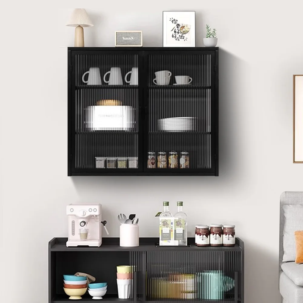 Bathroom Cabinet Wall Mounted with Detachable Shelves,Double Glass Door Wall Storage Cabinet,Kitchen Pantry Sideboard