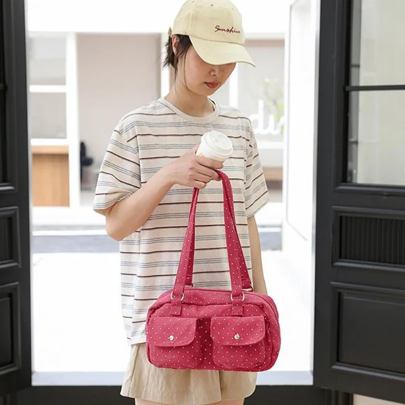 Schultertasche mit mehreren Taschen und Sternenmuster, gepunktet, für Damen, Canvas-Tragetasche, koreanische süße, niedliche, lässige Handtasche für Pendler und Reisen – Detail 22