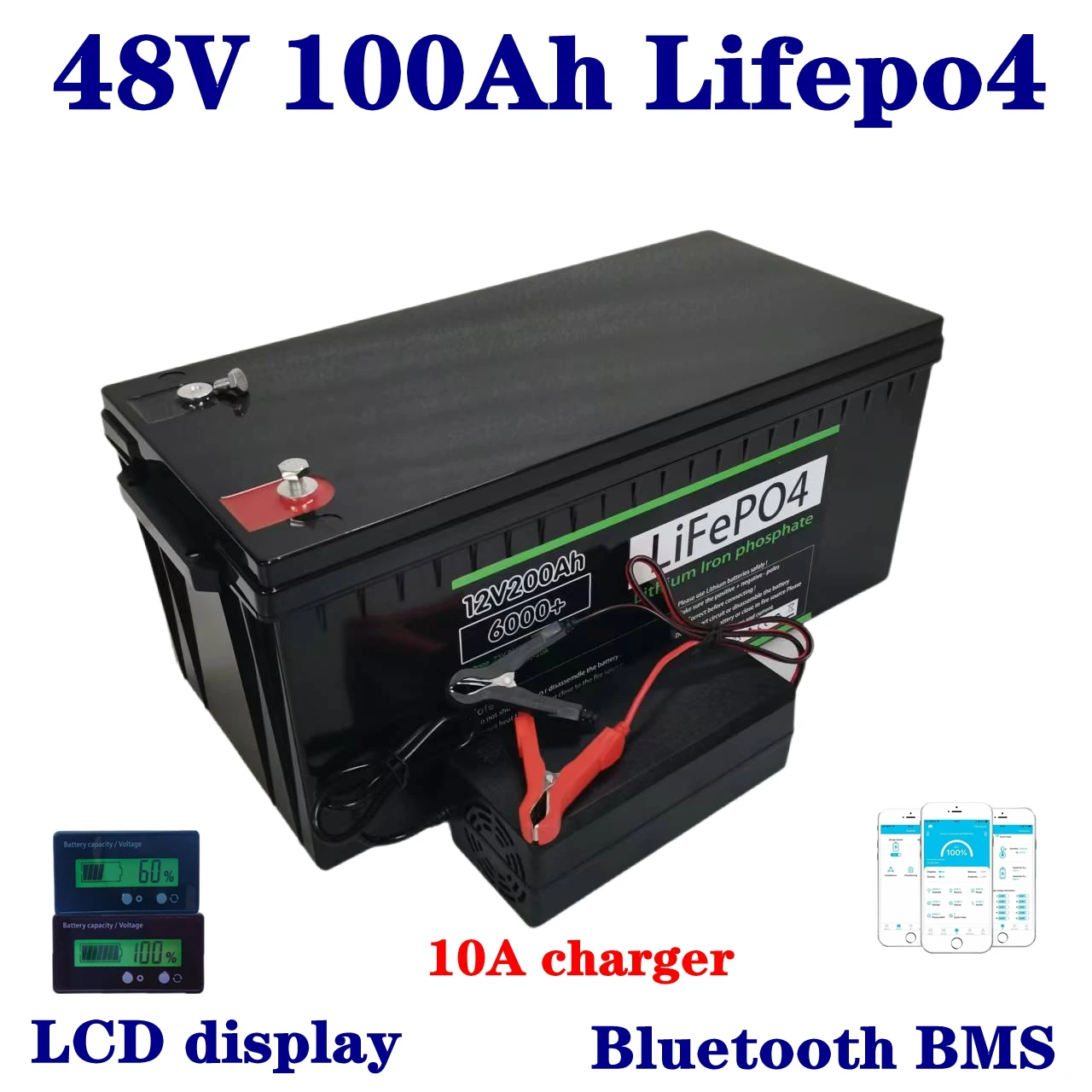 

16S Bluetooth BMS APP 48v100Ah литий-ионный аккумулятор lifepo4 7000 Вт для скутера, гольф-кара, инвертор, накопитель солнечной энергии + зарядное устройство