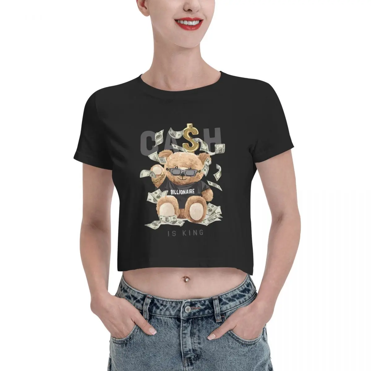 

Teddy Bear 4 Tshirt Cartoon Graphic Tees Female Crop Top,Leak navel T-shirt