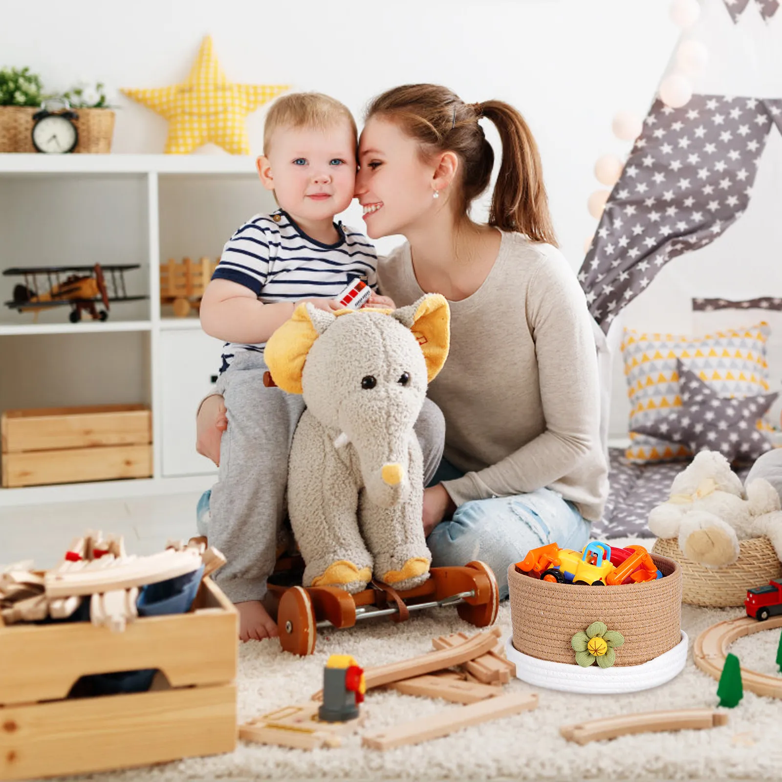 

Корзина для хранения из хлопкового каната с крышкой, круглая плетеная корзина-органайзер, вместительный ящик для хранения для гостиной, столовой, мелочей