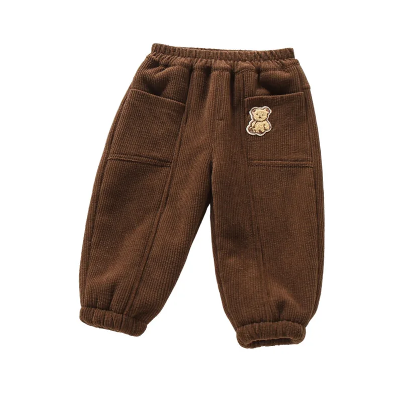 2024 Ins Autumn Winter Kids Baby Boys Trousers Cartoon Bear Fleece Thickened Warm Children Boys Jogger Pants Toddler Boys Pants