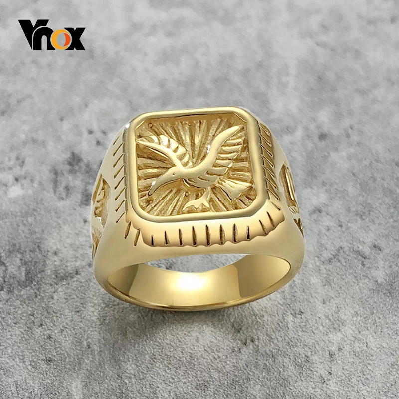 Vnox Punk 17mm Eagle Rings for Men, Gold Color Stainless Steel Chunky Finger Band, Rock Cool Male Jewelry #8- #12