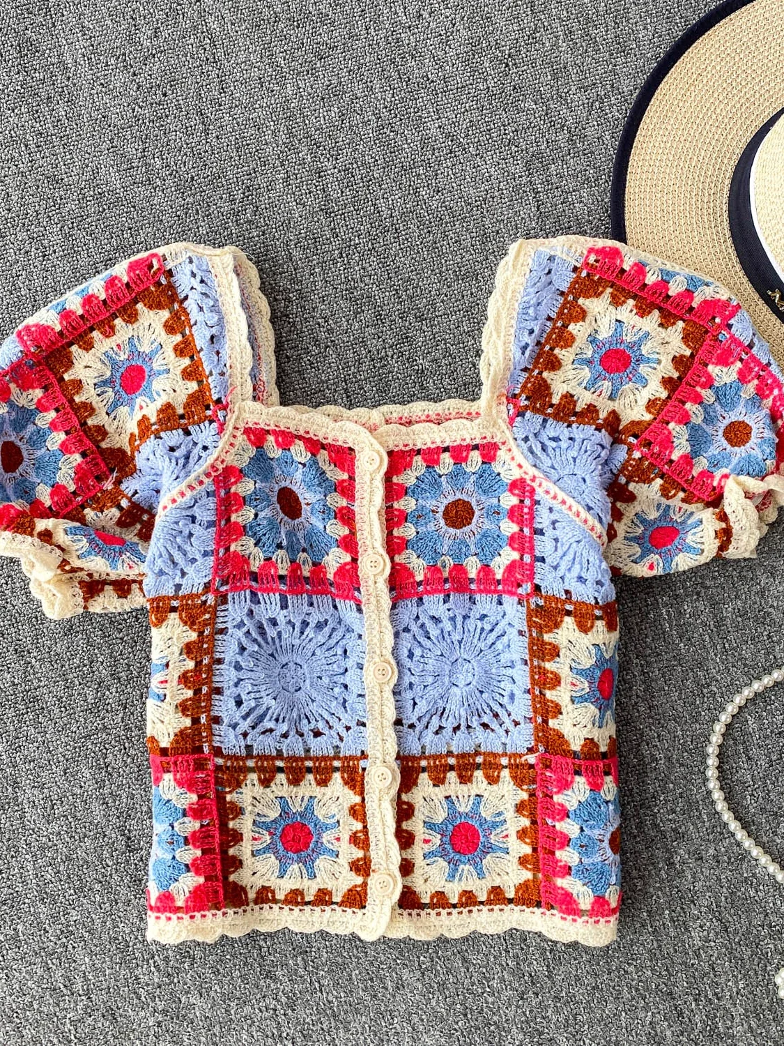 Elegant Boho Crochet Knit Tops Women's Colorful Patchwork Hollow Out Short Sleeve Summer Blouse Retro Hippie Festival Shirt New