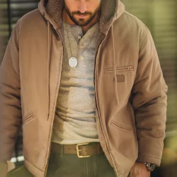 Maden Retro J141 Active Hooded Jacket Solid Color Sherpa Fleece Cotton-padded Coat with Velvet Warm Canvas Outerwear for Men