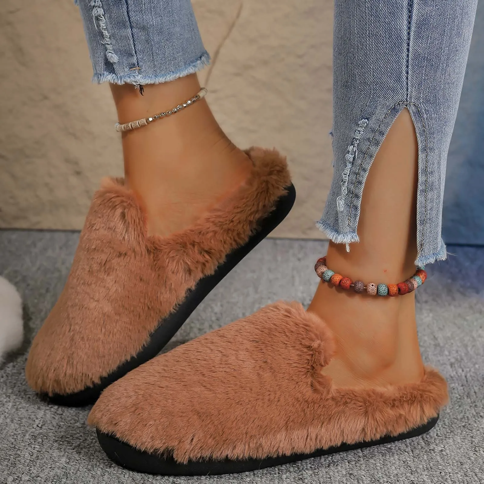 

Fur Mule Slippers Women Winter Home Shoes Slip on Furry Loafers with Butterfly Knot Fur Slides Female Lush Fluffy Moccasins