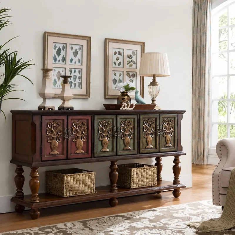 Solid Wood Porch Cabinet Retro Painted Locker Bucket Style Simple Side Cabinet Foyer Partition Storage Furniture