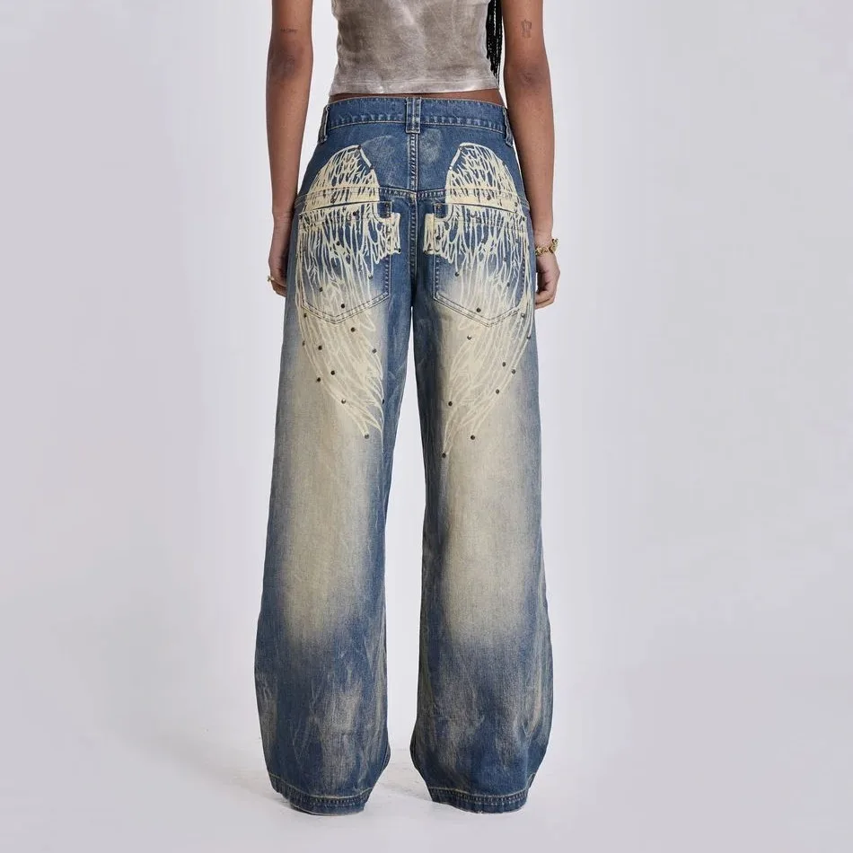 Women Y2K Baggy Jeans Harajuku Gothic Wide Pants Streetwear Retro Hip-hop Angel wings Print Pattern Overszied Denim Pants