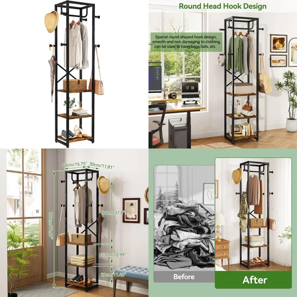 

Вешалка для прихожей с 3-ярусными полками и 8 крючками, в деревенском стиле, коричневая, для прихожей, коридора или спальни