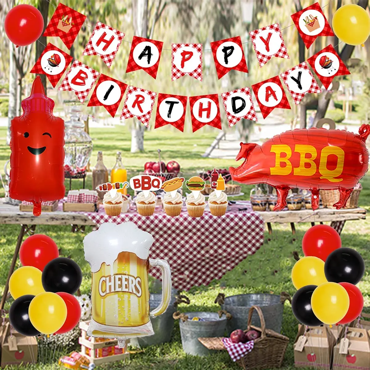 Imagem -06 - Bbq Birthday Party Decorações Churrasco Temático Feliz Aniversário Banner Toalha de Mesa Pig Sauce Balões para Piquenique Partido Suprimentos